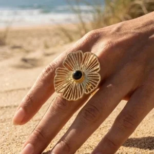 bague fleur et pierre blanche en acier inoxydable