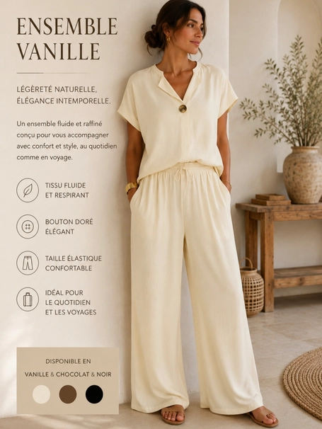 Ensemble pantalon uni fluide Vanille